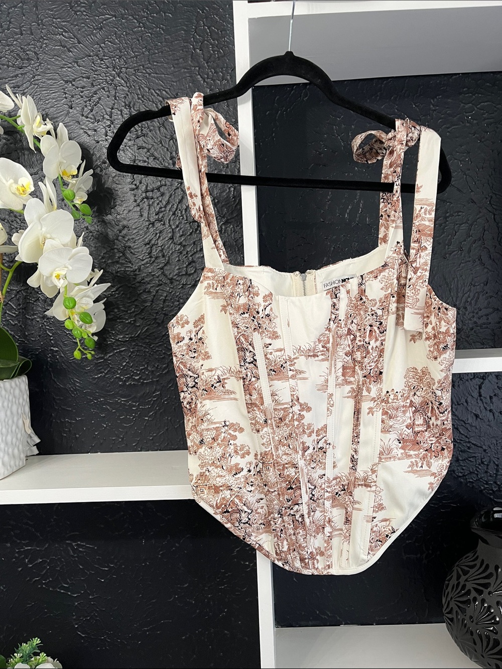 Tie-Shoulder Floral Corset Camisole in Cream and Brown Pattern